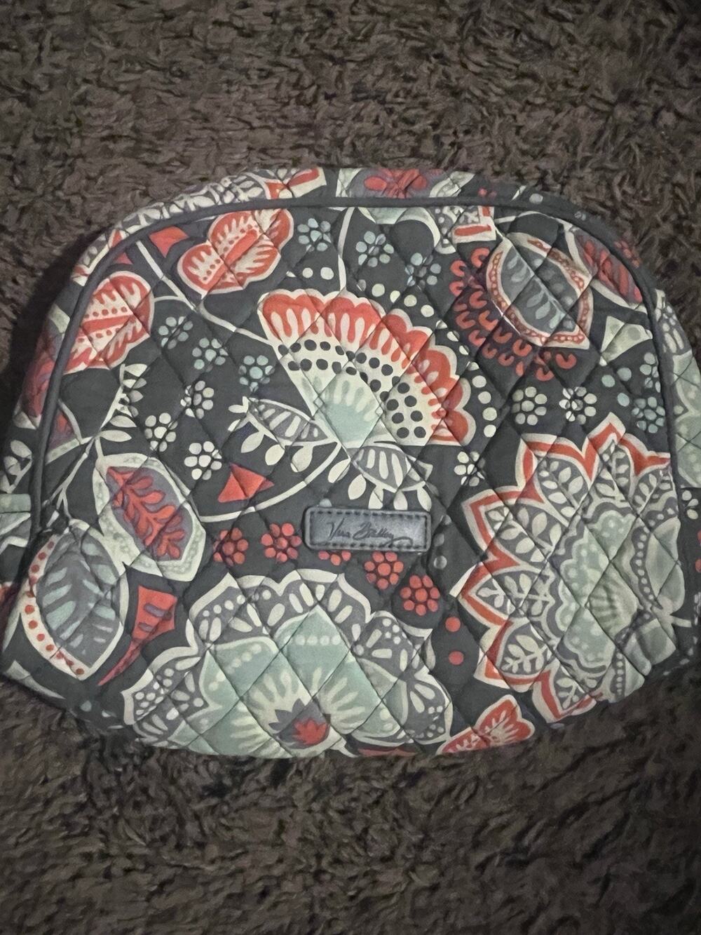 Vera Bradley Nomadic Floral Cosmetic Bag Gray Orange Turquoise Vinyl Liner 9x10